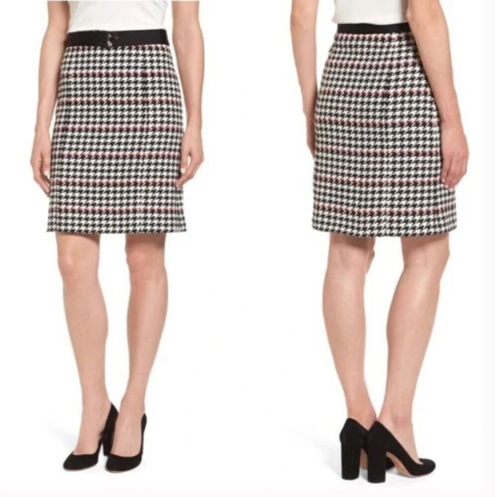 Hugo Boss Vulnova Houndstooth Check Knee Length Skirt Size 12 Black Red White